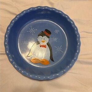Festive Blue Pie Dish with Penguin Motif